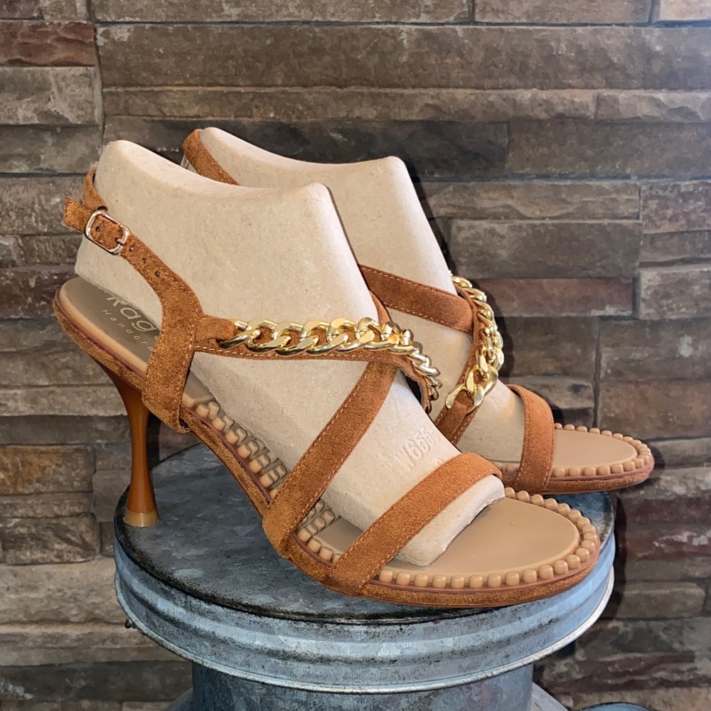 Rag & Co Tan Heels with Gold Chain Accent